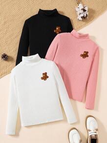 SHEIN Leap Crew Tween Girls Fitted Casual Simple Comfortable Bear Patch High Neck Multi Pack T-Shirt - Multicolor - View 1