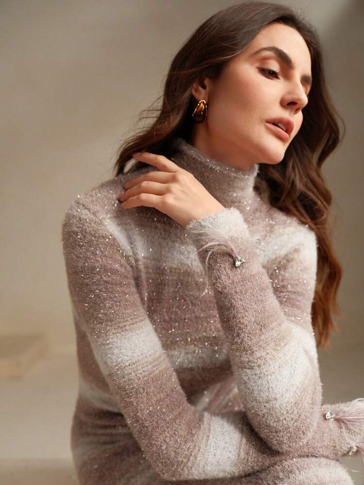 High Neck Feather & Rhinestone Decor Glittery Fluffy Metallic Fiber Fishtail Maxi Bodycon Dress, Christmas/New Year Women Outfit