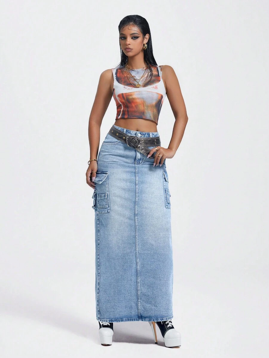 SHEIN ICON Retro Floral Print Multi Pocket Low-Waisted Women's Denim Maxi Skirt - Dark Wash - View 1