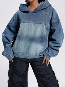 SHEIN ICON 女士连帽套头牛仔运动衫，Y2K，街头服饰，运动，休闲 - 中等水洗藍 - 查看 1