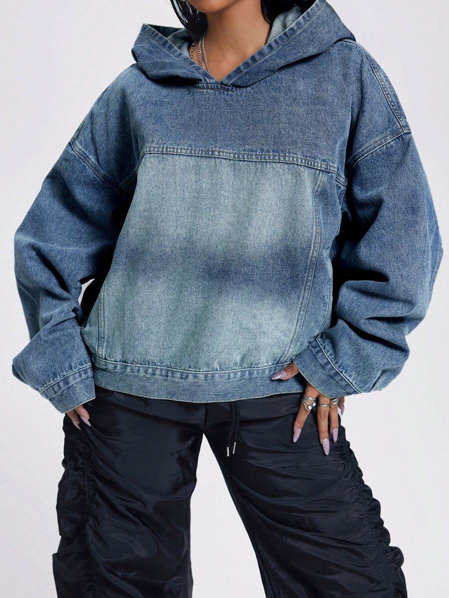 SHEIN ICON 女士连帽套头牛仔运动衫，Y2K，街头服饰，运动，休闲 - 中等水洗藍 - 查看 1