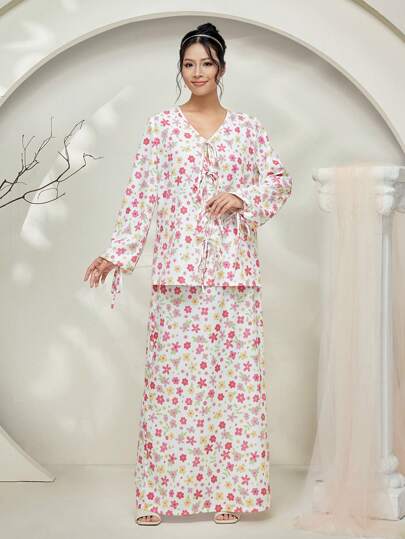 Graceveil Baju Kebaya Ditsy Floral Tie-Front Long Sleeve Blouse With Skirt Set Modest