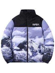 Manfinity LEGND Plus Size Men's Mountain Print Stand Collar Zip-Up Casual Padded Coat, Going Out Warm Colorful Graphic Winter Coat, For Friends, Husband, Boyfriend Gifts