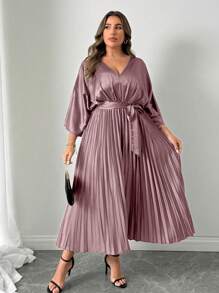 Celure Plus Size Jednolity kolor Długi rękaw Przód Wiązana Sukienka Casualowa Długa