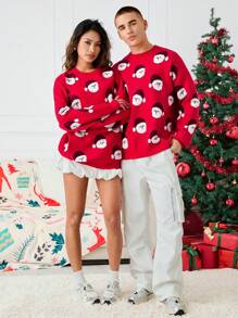 Manfinity VCAY 1pc Christmas Style Casual Cartoon Pattern Knit Sweater, Autumn/Winter - Red - View 2