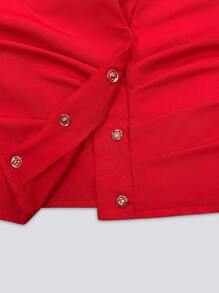 RosyDaze 女士 V 领长袖褶皱商务优雅迷人成熟衬衫新年衣服女士衬衫，长袖上衣 - 紅色 - 查看 8