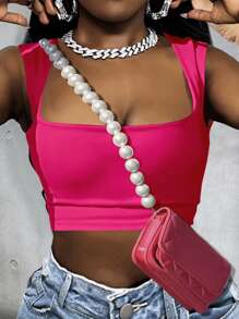Slaydiva Top de tirantes de cuello redondo versátil de unicolor informal para mujer, adecuada para la primavera y el verano - Rosa Fucsia - Ver 1