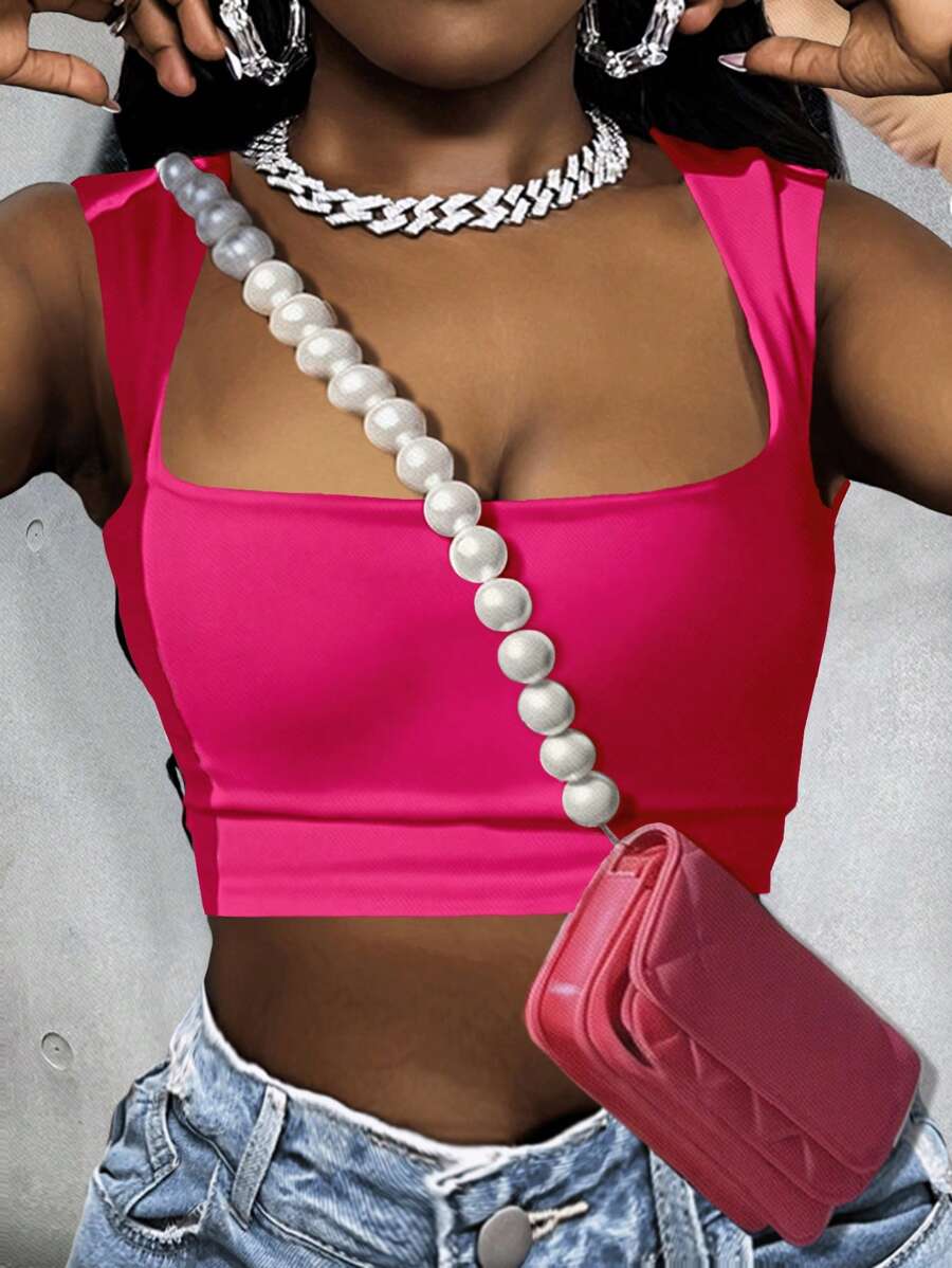 Slaydiva Top de tirantes de cuello redondo versátil de unicolor informal para mujer, adecuada para la primavera y el verano - Rosa Fucsia - Ver 1