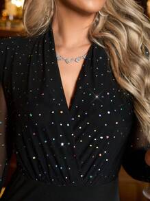 Gownix 女士网眼拼接长袖简约休闲新年聚会短款连衣裙闪亮连衣裙 - 黑色 - 查看 5