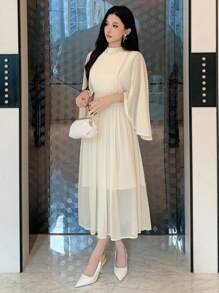 DAZY Women Stand Collar Pleated Ruffle Sleeve Mid-Calf Dress Prom Dress Sundress,Fall Clothes Long Sleeve Dress Wedding Women Dresses Elegant Women Dresses - Beige - View 5