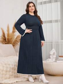 Modelyn Plus Size Solid Color Patchwork Round Neck Long Sleeve Casual Long Dress - Navy Blue - View 3