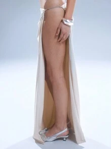 MUSERA Slinky Low Rise Extreme Split Diamante Trim Maxi Skirt Elegant Summer Party - Cream - View 3