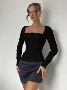 Roylia Niche Design Slim Fit Long Sleeve Square Collar Blouse