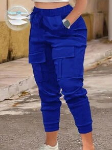 EMERY ROSE Kích thước lớn Màu thuần Cao eo Trở viền Quần Cargo - Màu xanh lam - Xem 1