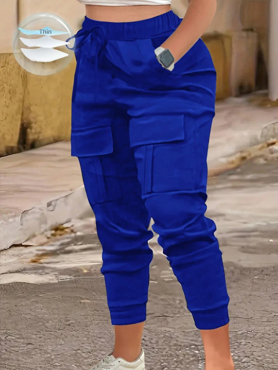 EMERY ROSE Kích thước lớn Màu thuần Cao eo Trở viền Quần Cargo - Màu xanh lam - Xem 1