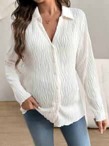 SHEIN V-Neck Textured Casual T-Shirt For Autumn, White, Maternity T-Shirt