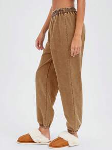 Easelle Distressed Wash Khaki Color Slim Fit Drawstring Waist Casual Sweatpants, Autumn/Winter - Khaki - View 4