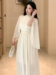 DAZY Women Stand Collar Pleated Ruffle Sleeve Mid-Calf Dress Prom Dress Sundress,Fall Clothes Long Sleeve Dress Wedding Women Dresses Elegant Women Dresses - Beige - View 4