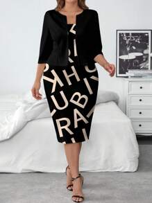 SHEIN Clasi 2pcs/Set Plus Size Simple Jacket And Dress, Casual Minimalist Outfit Suitable For Autumn/Winter