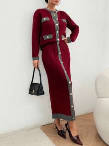 EURMUSE Textured Cardigan And Midi Skirt Set With Contrast Trim - Burgundy - View 5