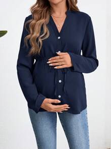 SHEIN Camisa de maternidad de manga larga, blusa con botones de color verde militar