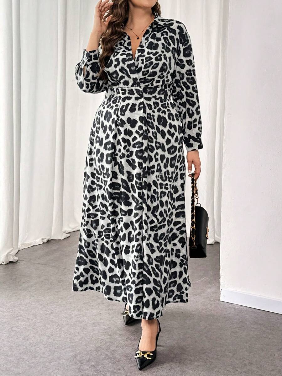 SHEIN LUNE 大码秋季休闲豹纹长裙超长女装 - 黑色 - 查看 1