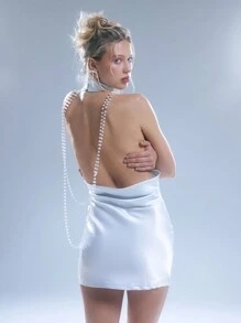 MUSERA 高领缎面珍珠饰边露背迷你连衣裙，性感可爱，适合夏季派对、外出度假、冬季晚宴、圣诞节、新年和秋季穿着。