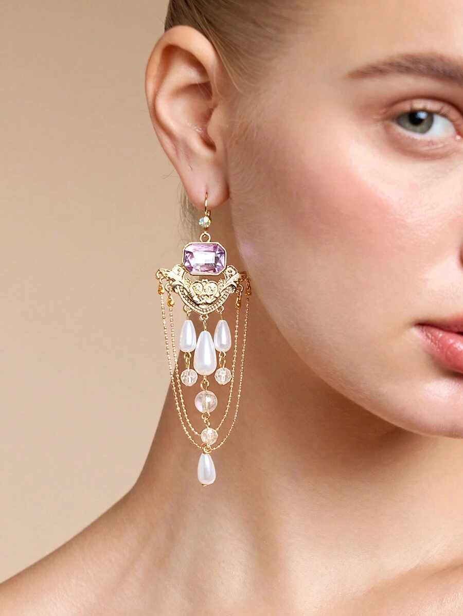 SHEIN Belle Crystal Rhinestone Pearl Beaded Tassel Drop Earrings