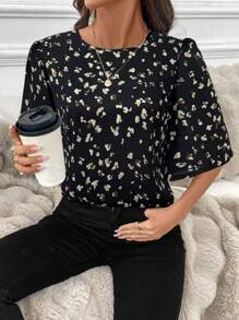 SHEIN LUNE 女式荷叶边泡泡袖动物印花衬衫，冬季休闲办公室工作服 - 黑色 - 查看 5