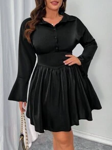 Celure Plus Size Elegant Solid Color Flared Sleeves Waist A-Line Dress