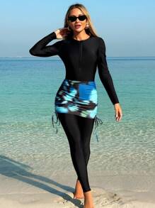 Swim Mulvari 2 件套 2024 泳衣，肩部褶皱适度长袖和裤子泳装，保守海滩罩衫布基尼夏季阿拉伯服装 - 黑色 - 查看 2