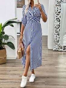 Pariaura 蓝白条纹法式扭纹前缩装饰中长袖女式夏季长裙配扣长款女装 - 藍色 - 查看 4