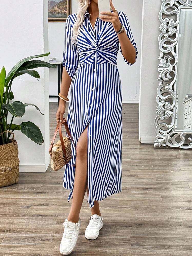 Pariaura Blue & White Striped French Twist Front Decor Contraction  Mid-Length Sleeve Women's Summer Long Dress With Button Maxi Women Outfit |  SHEIN USA