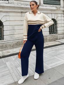 EURMUSE Women'S Striped Collared Sweater And Knitted Pants Two Piece Set - Multicolor - View 3