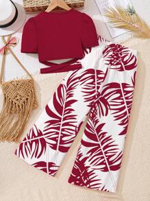 Sparklyn 2pcs/Set Tween Girl Solid Color Round Neck Short Sleeve Simple Top And Long Pants Set - Burgundy - View 2