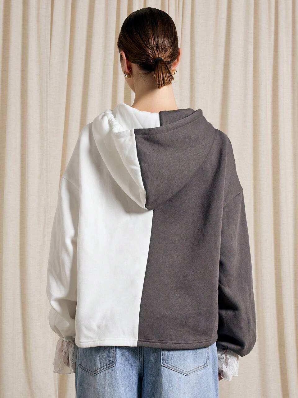 Oversized Colorblock Lace Cuff Hoodie