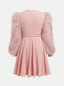 SHEIN Tween Girls' Nova Store Knit Crew Neck Fluffy Long Sleeve Dress - Pink - View 2