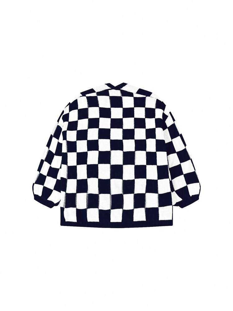 SHEIN ChicEase Áo khoác cardigan dáng rộng họa tiết bàn cờ cho nữ, Thu/Đông - Màu xanh hải quân - Xem 2