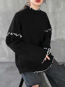FRIFUL Jersey holgado de punto de manga larga con cuello de volantes y contraste de color para mujer, otoño/invierno