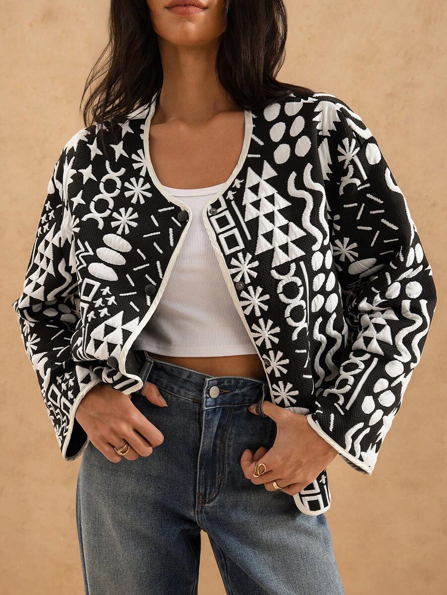 Forever 21 女士几何图案落肩长袖单排扣宽松休闲夹克,秋季 - 黑色 - 查看 1