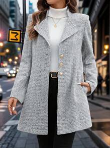 SHEIN Clasi Women's Collar Fitted Button Herringbone Overcoat - Grey - View 1