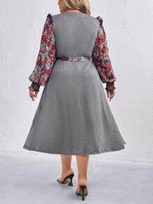 SHEIN LUNE Plus Size Crew Neck Floral Patchwork Casual Dress
