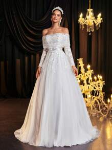 Glamrae 优雅奢华露肩透明长袖刺绣蕾丝贴花网眼荷叶边连衣裙，带拖尾，适合婚礼、派对、度假、舞会、宴会（刺绣） - 米色 - 查看 7