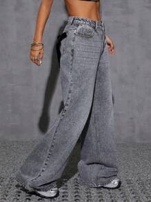 SHEIN EZwear Women's Loose Pocket Bowknot Decor Wide Leg Casual Jeans Pants