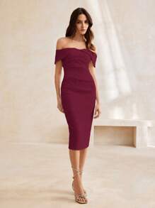 Anewsta Elegante vestido largo de fiesta con hombros descubiertos, cintura entallada y drapeado, adecuado para trajes de Navidad y Año Nuevo - Burdeos - Ver 5