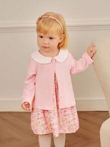 SHEIN 2pcs/Set Baby Girl Peter Pan Collar Ditsy Floral Ruffle Short Sleeve Dress & Solid Color Button Front Long Sleeve Jacket Set - Pink - View 3