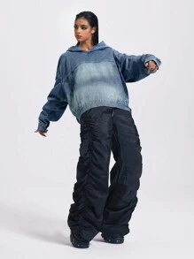 SHEIN ICON 女士连帽套头牛仔运动衫，Y2K，街头服饰，运动，休闲 - 中等水洗藍 - 查看 3