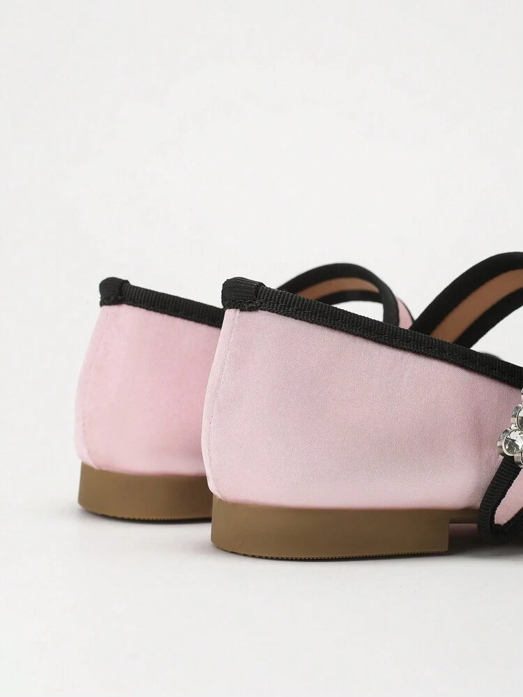 CUCCOO DOLLMOD Rhinestone Buckle Square Toe Flat Cute Sweet Retro Refined Pink Satin Elegant Mary Jane Flat Shoes, Women Valentines