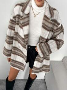 SHEIN Essnce 女士休闲时尚条纹拼色翻领落肩宽松双排扣中长款大衣，秋冬 - 彩色 - 查看 9