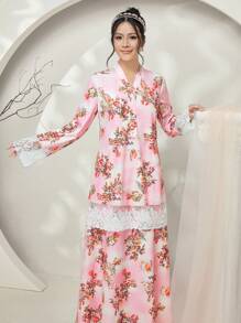 Graceveil Baju Kurung Lace Patchwork Long Sleeve Casual Long Cheongsam Modest